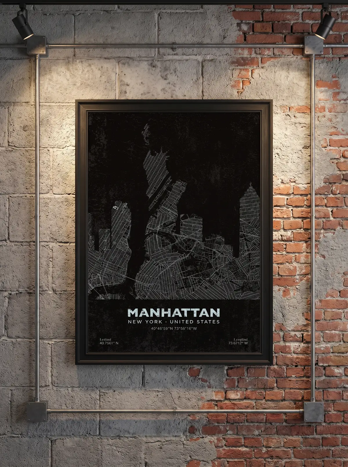Póster mapa Ciudades Manhattan Black Vintage