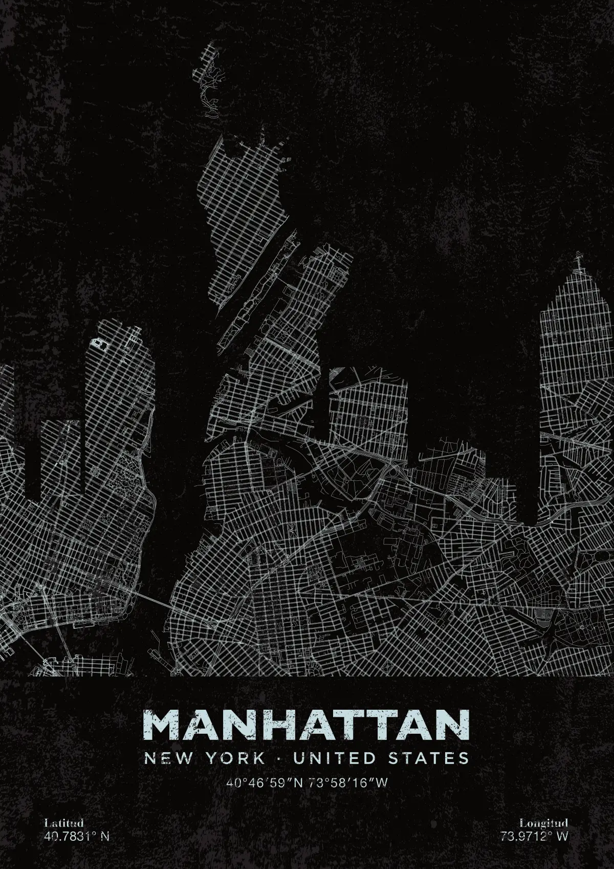 Póster mapa Ciudades Manhattan Black Vintage