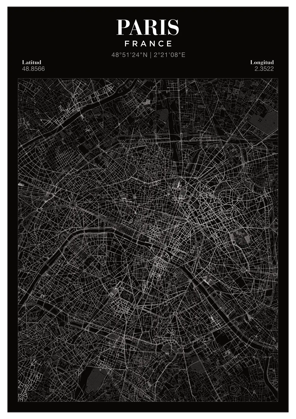 Póster mapa Paris Black